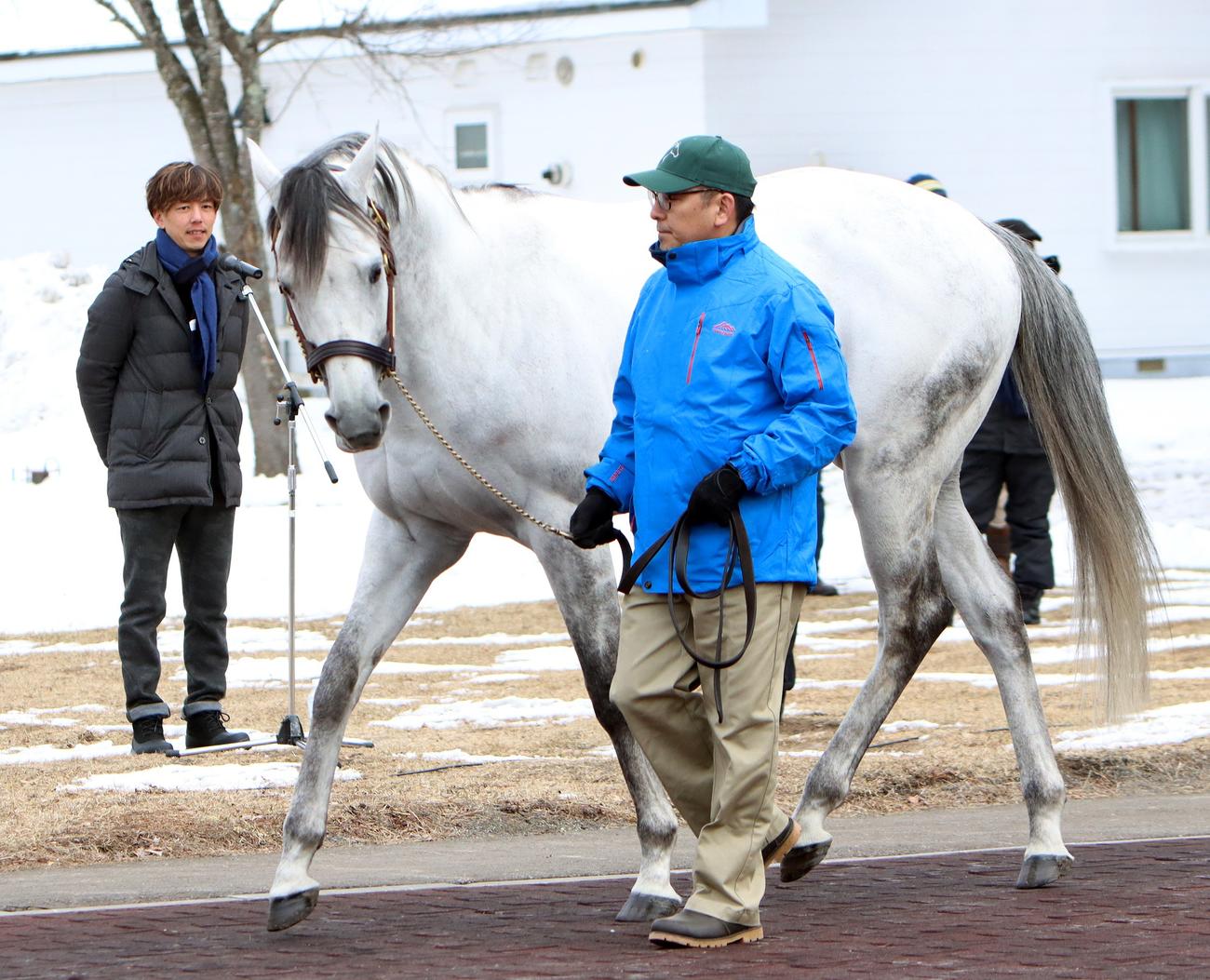 レックススタッド　2023年種牡馬展示会　オメガパフュームをPRする安田翔師（左）
