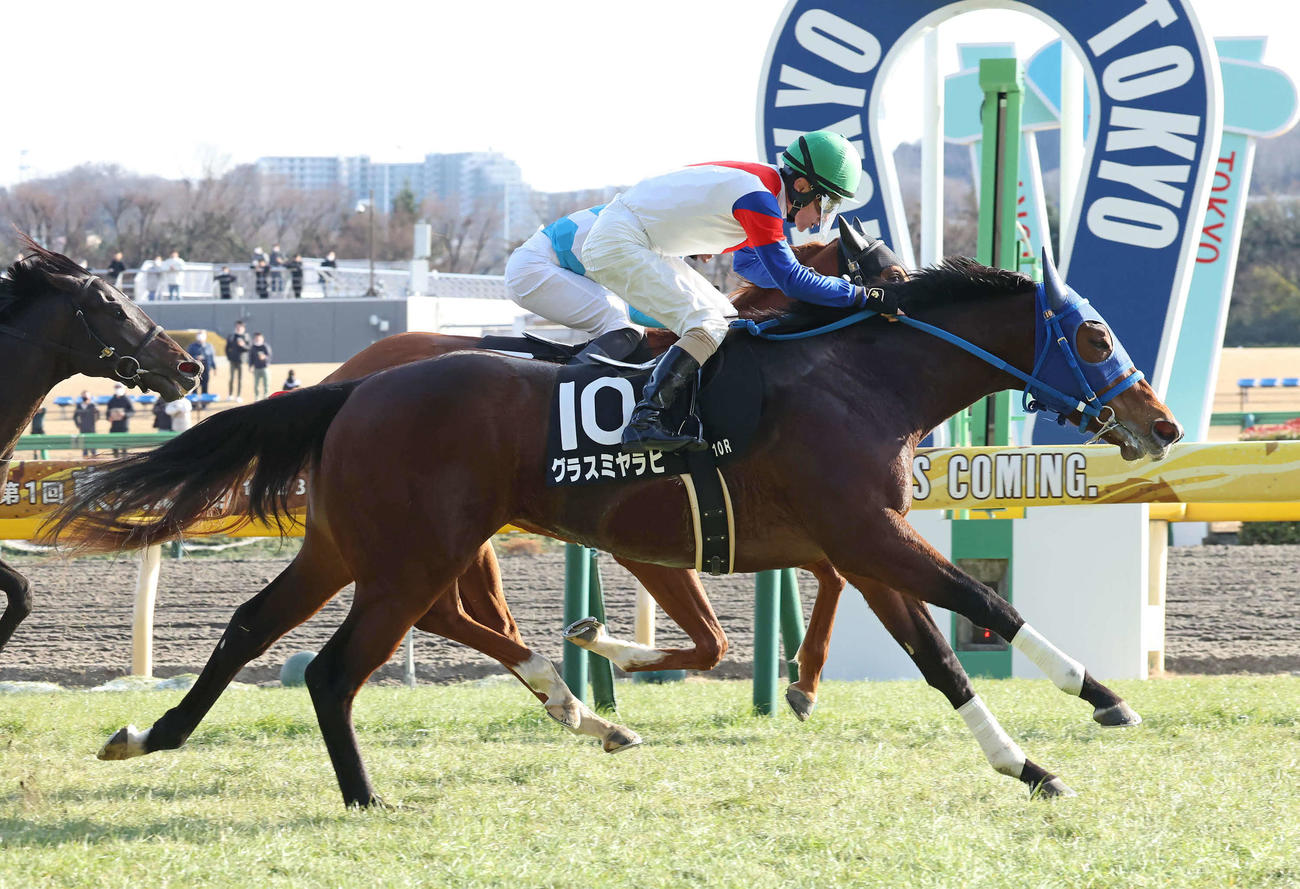 雲雀Sを制したグラスミヤラビと柴田善騎手（手前）（撮影・丹羽敏通）