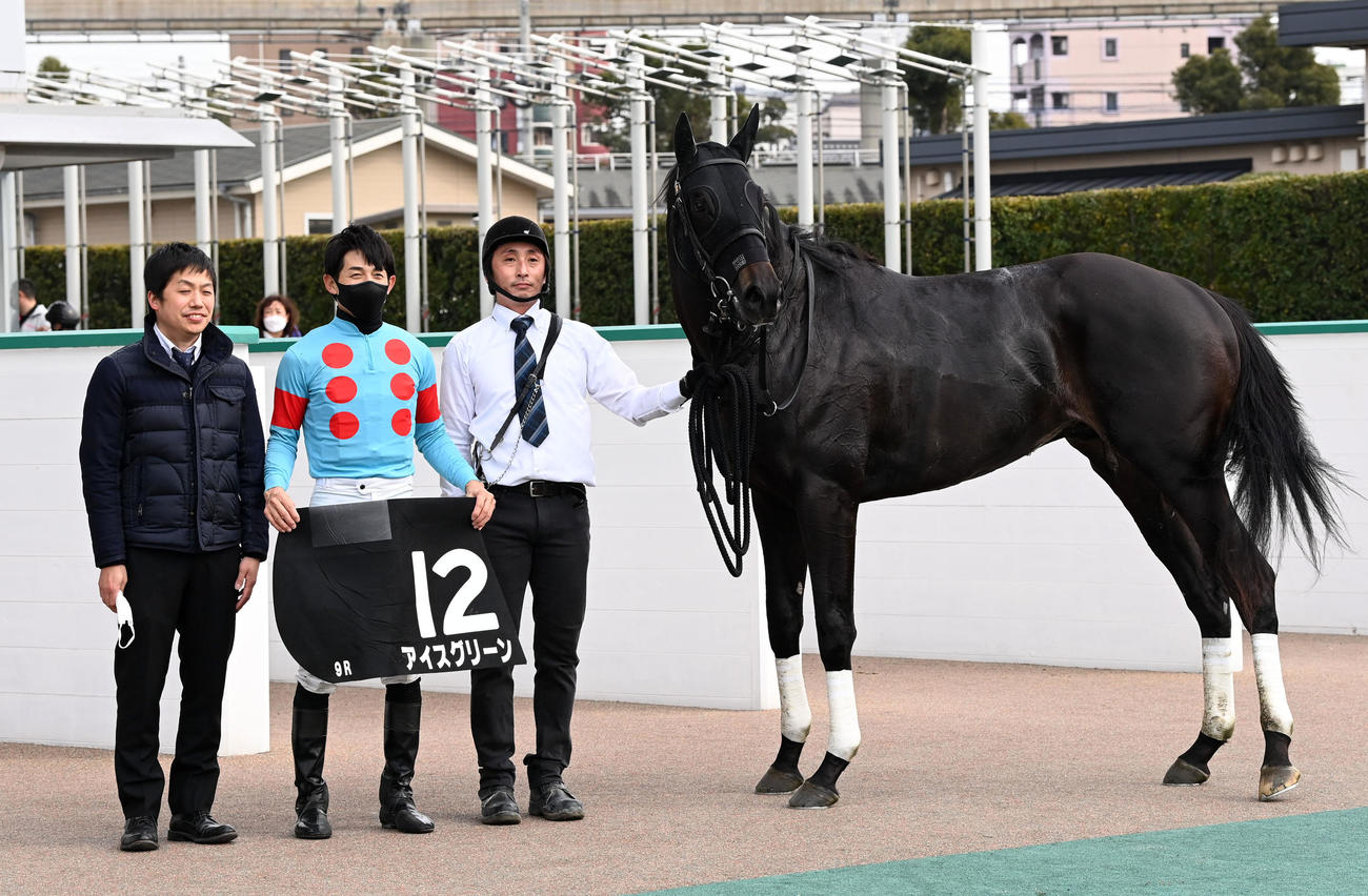ゴール前の混戦を抜け出しあすなろ賞を制したアイスグリーンと幸英明騎手（撮影・前岡正明）