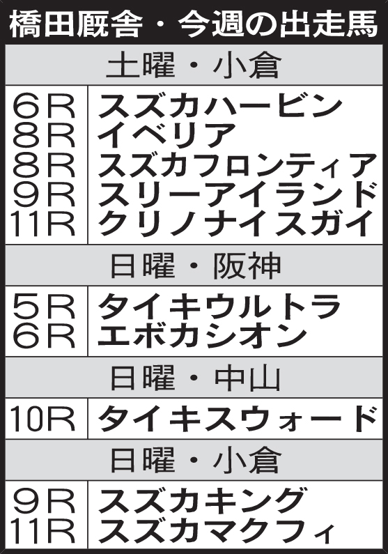 橋田厩舎・今週の出走馬