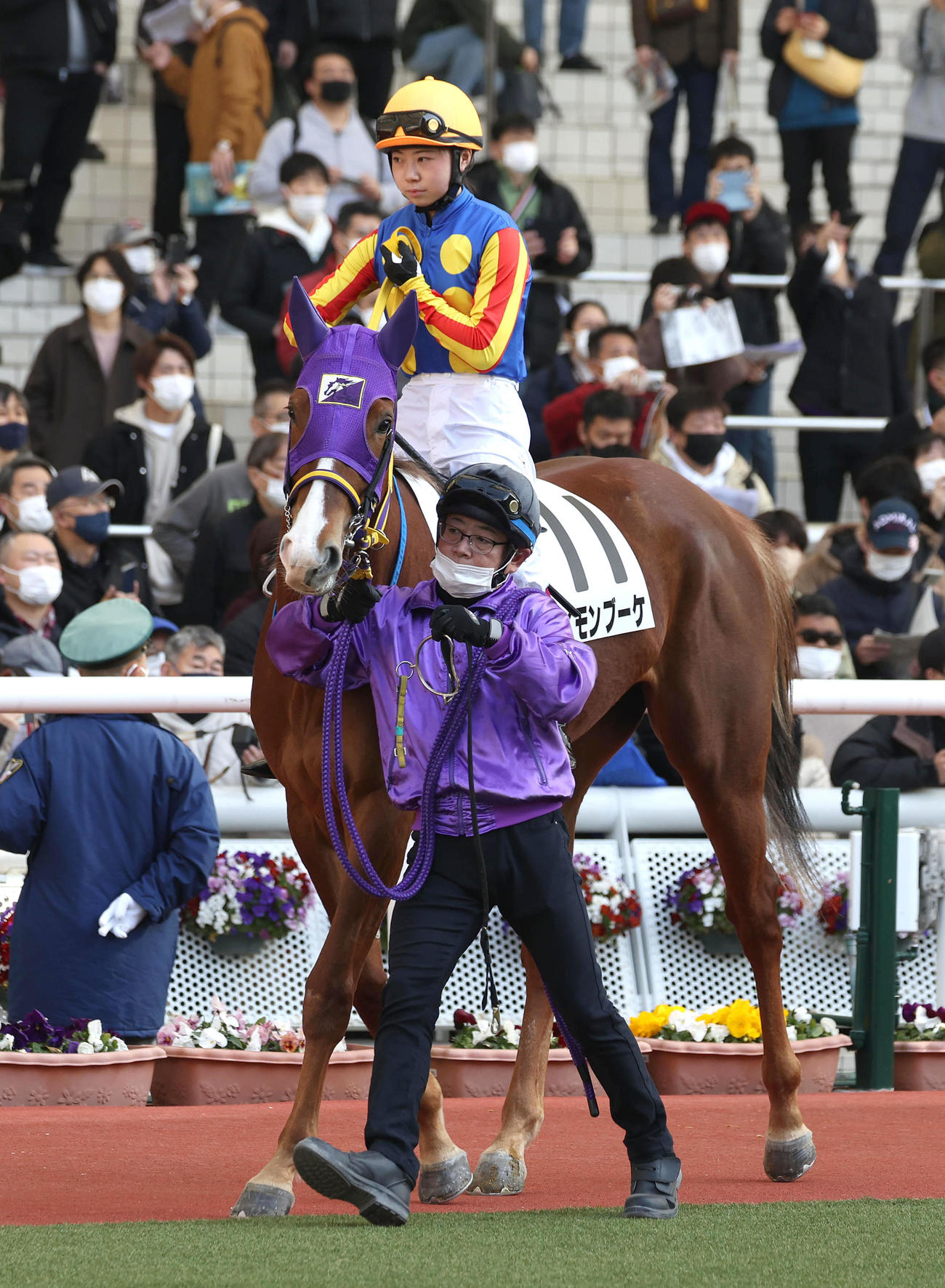 阪神1R、パドックを周回する河原田騎手（撮影・白石智彦）