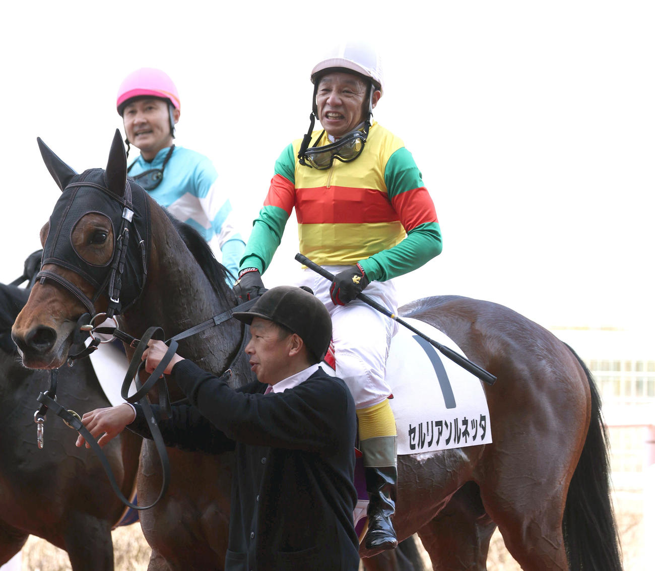 阪神4R、セルリアンルネッタで障害4歳以上未勝利を制し復帰後初勝利を挙げる熊沢騎手（撮影・白石智彦）