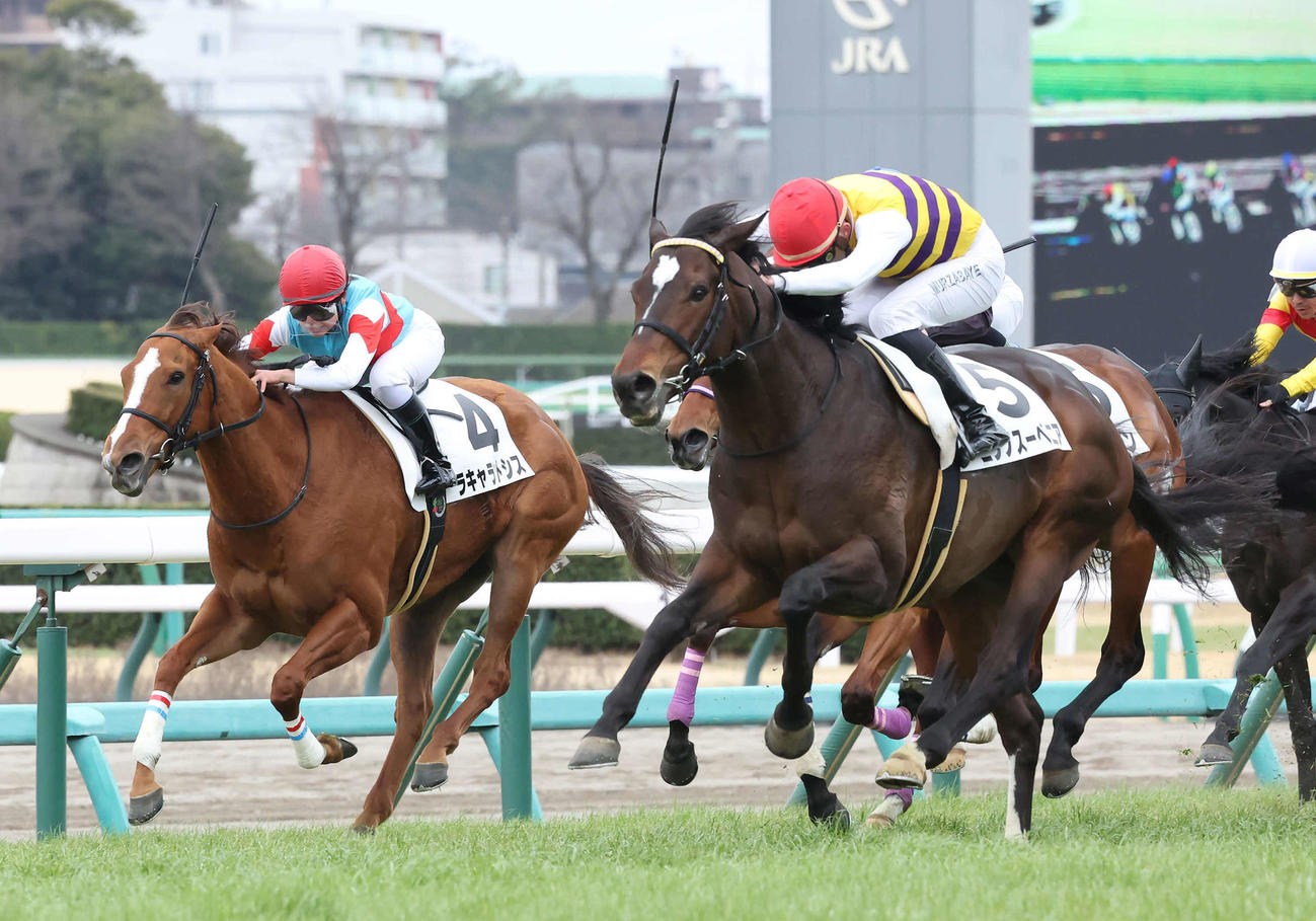中山8Rを制したニシノスーベニアとムルザバエフ騎手（右）。左は5着ラキャラントシスと小林美騎手（撮影・丹羽敏通）