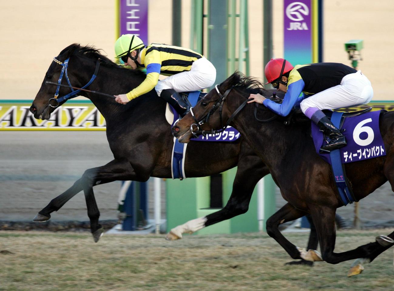 2005年有馬記念　ハーツクライ(左）がディープインパクトを半馬身差下し1着でゴール