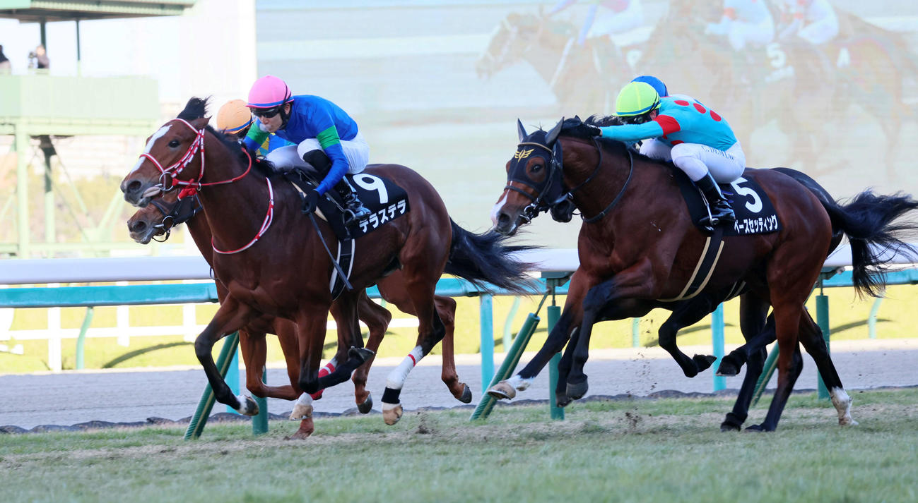万両賞を制するテラステラと坂井騎手、右は2着のペースセッティング（22年12月24日撮影）
