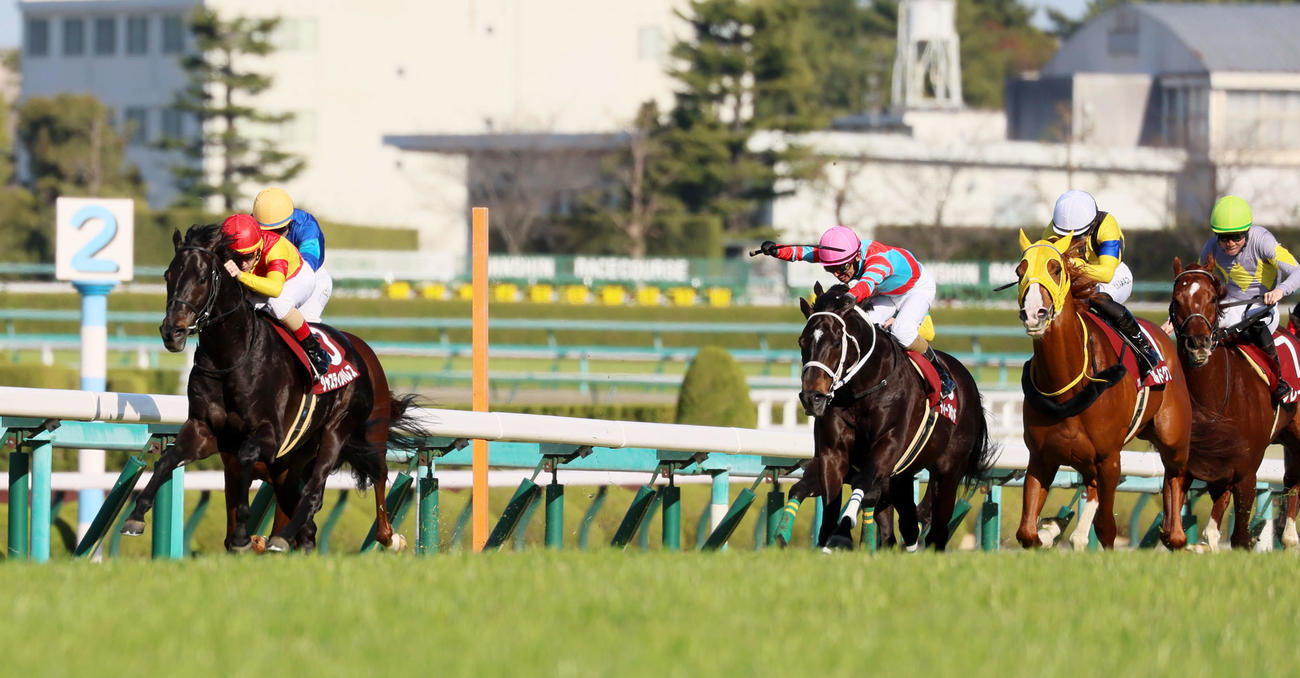 1着のジャスティンパレスとC・ルメール騎手。右から2頭目は2着のボルドグフーシュ（撮影・加藤哉）