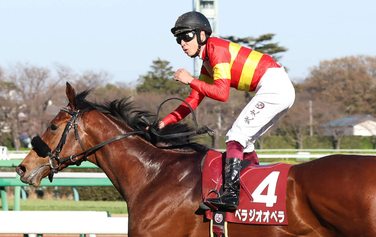 ベラジオオペラでスプリングSを制してガッツポーズを決める横山武騎手（撮影・丹羽敏通）