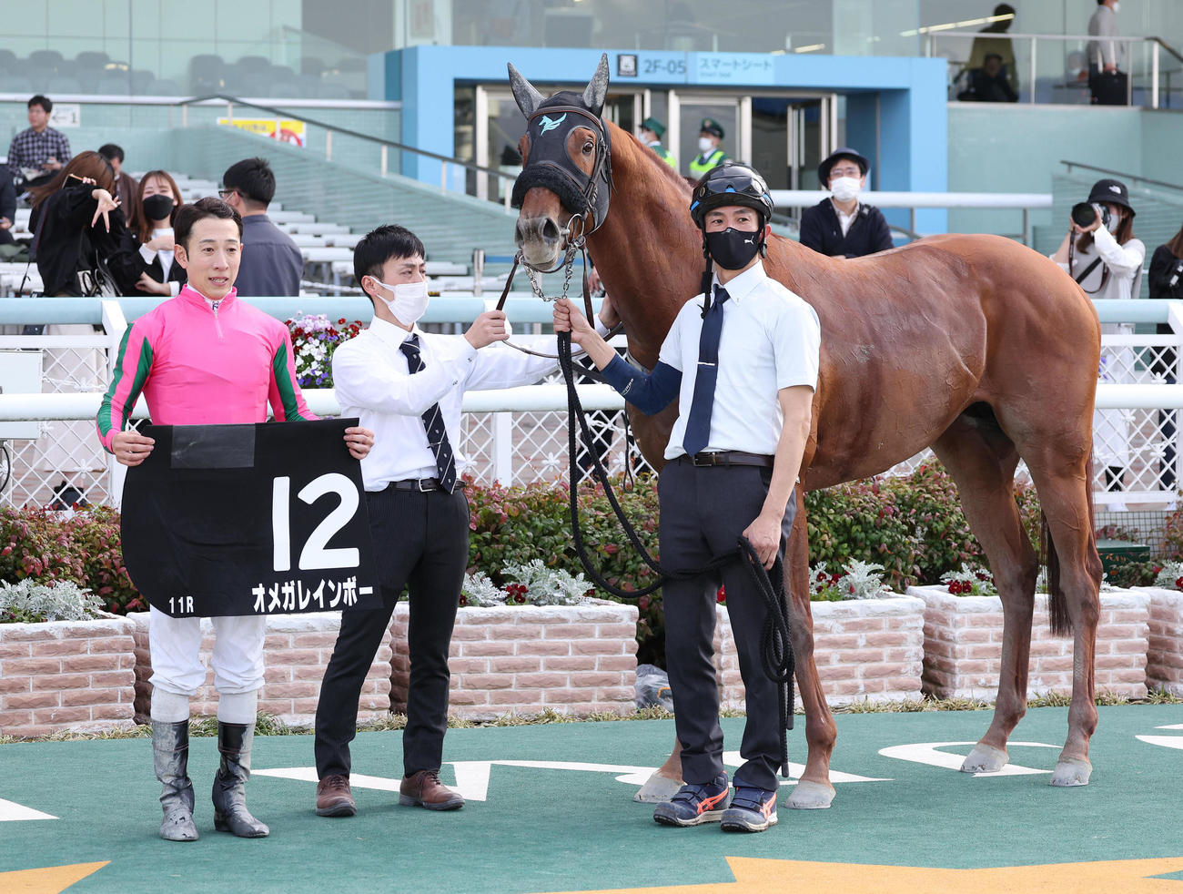 阪神11R、ポラリスSを勝利したオメガレインボーと口取りに並ぶ藤岡佑騎手（左）（撮影・白石智彦）