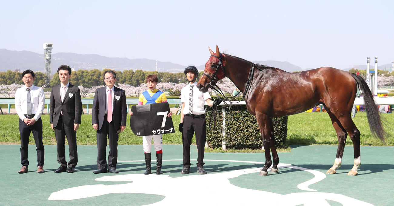 阪神9R、アザレア賞を制したサヴォーナと口取りに並ぶ池添騎手（右から2人目）（撮影・白石智彦）