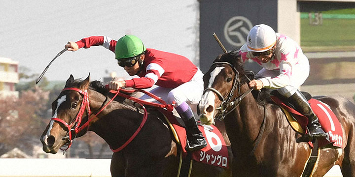 ニュージーランドＴを制したジャングロ（左）。右は２着のマテンロウオリオン＝2022年4月9日、中山競馬場