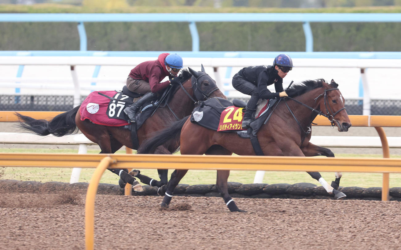 川田騎手を背にレッドラグラス（奥）と併せ馬で追い切るリバティアイランド（撮影・白石智彦）
