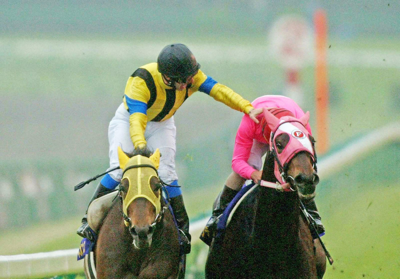 ネオユニヴァースのミルコ・デムーロ騎手（左）はサクラプレジデントの田中勝春騎手をポカリ？