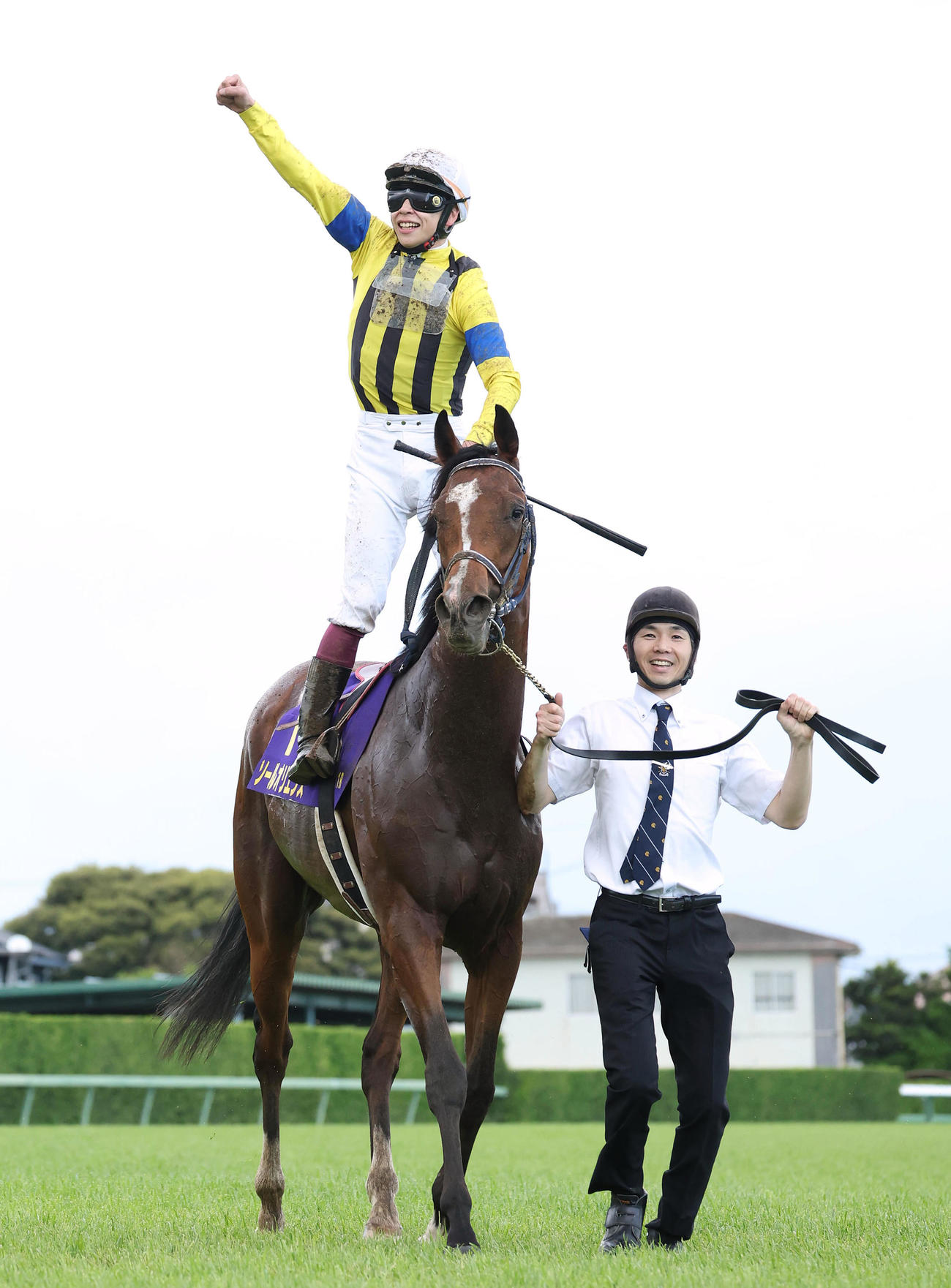 ウイニングランで横山武騎手はスタンドのファンに向かってガッツポーズする（撮影・白石智彦）