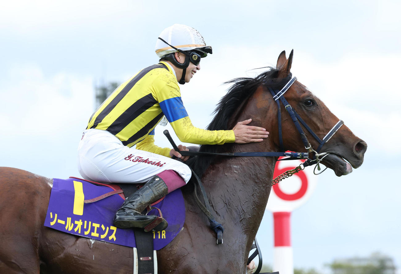 皐月賞を制したソールオリエンスの首筋をなでてねぎらう横山武騎手（撮影・白石智彦）