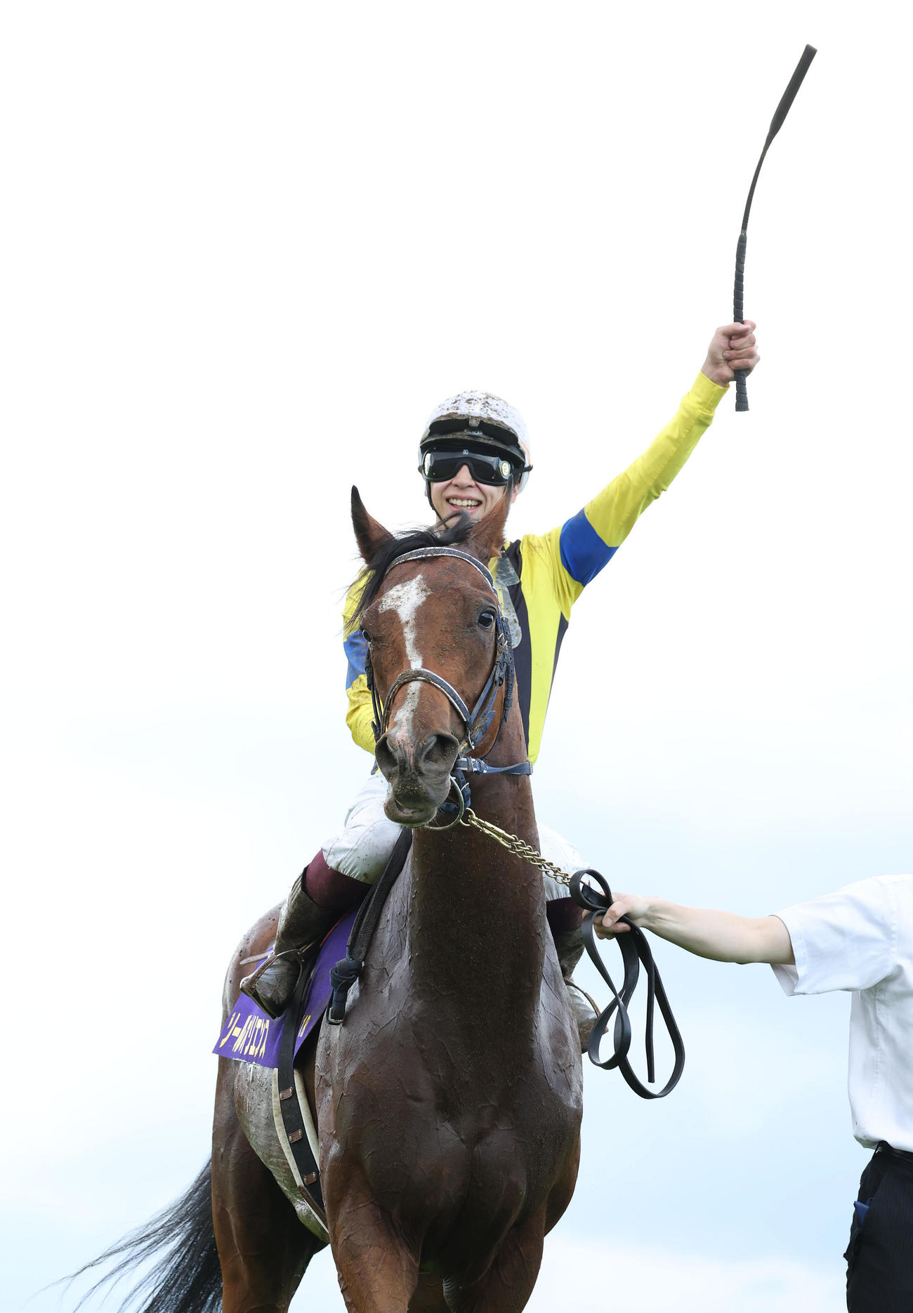 ウイニングランで横山武騎手はスタンドのファンに向かってガッツポーズする（撮影・白石智彦）