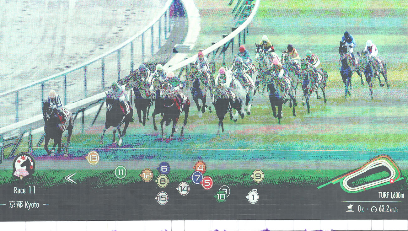 マイラーズCで運用された各馬の走行位置を表示するトラッキングシステム（撮影・白石智彦）