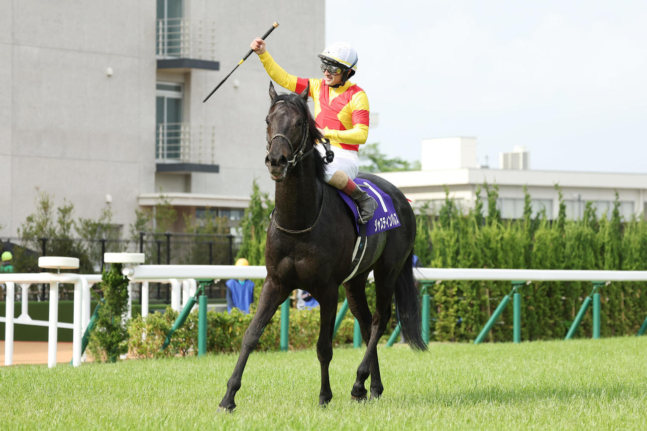 ジャスティンパレスで天皇賞・春を制し、ガッツポーズするルメール騎手（撮影・前田充）