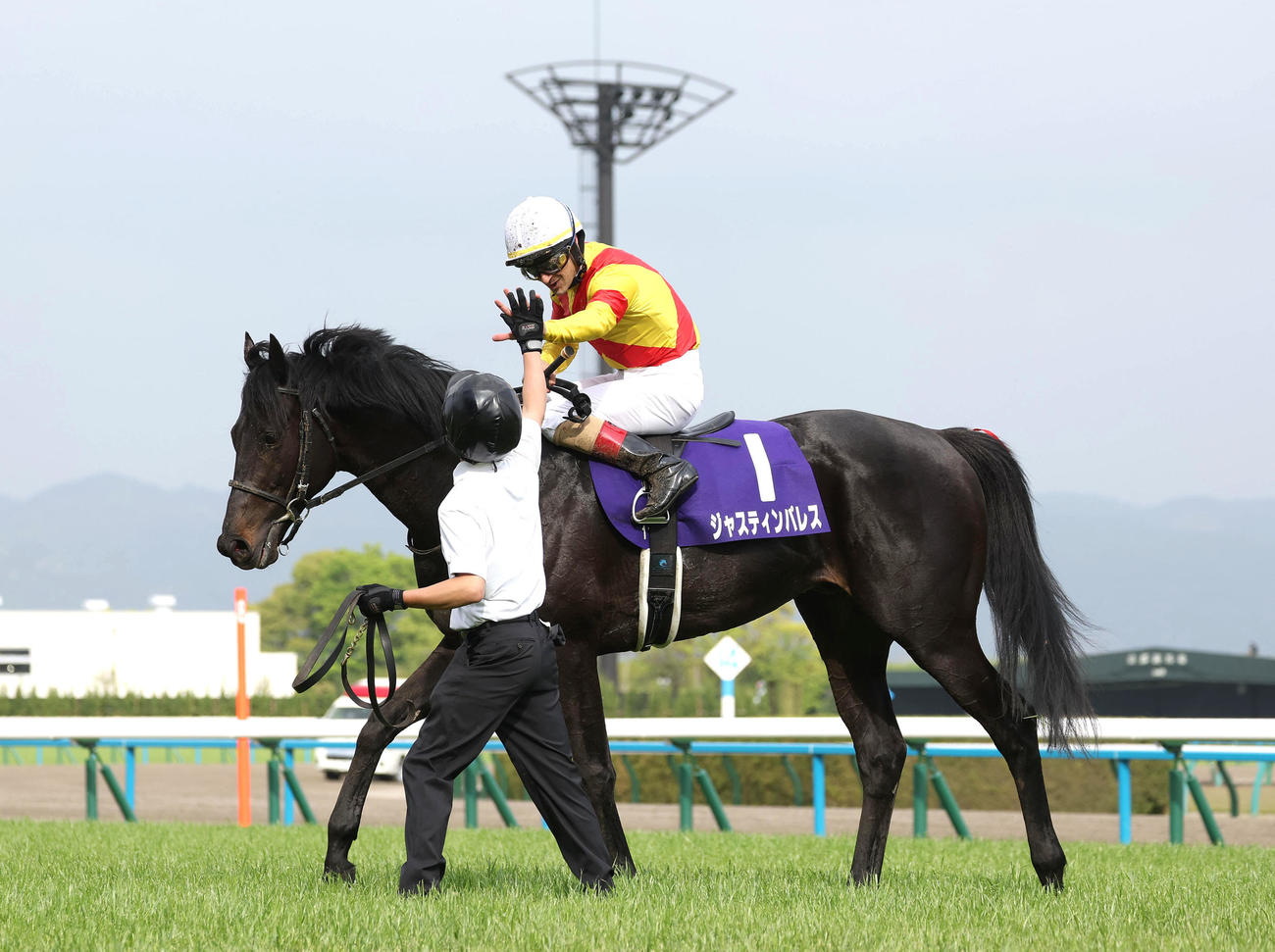 ジャスティンパレスで天皇賞・春を制したルメール騎手は池水助手（左）とハイタッチ（撮影・白石智彦）