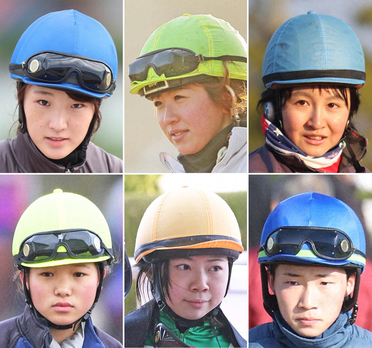 左上から時計回りに永島まなみ騎手、今村聖奈騎手、古川奈穂騎手、角田大河騎手、河原田菜々騎手、小林美駒騎手