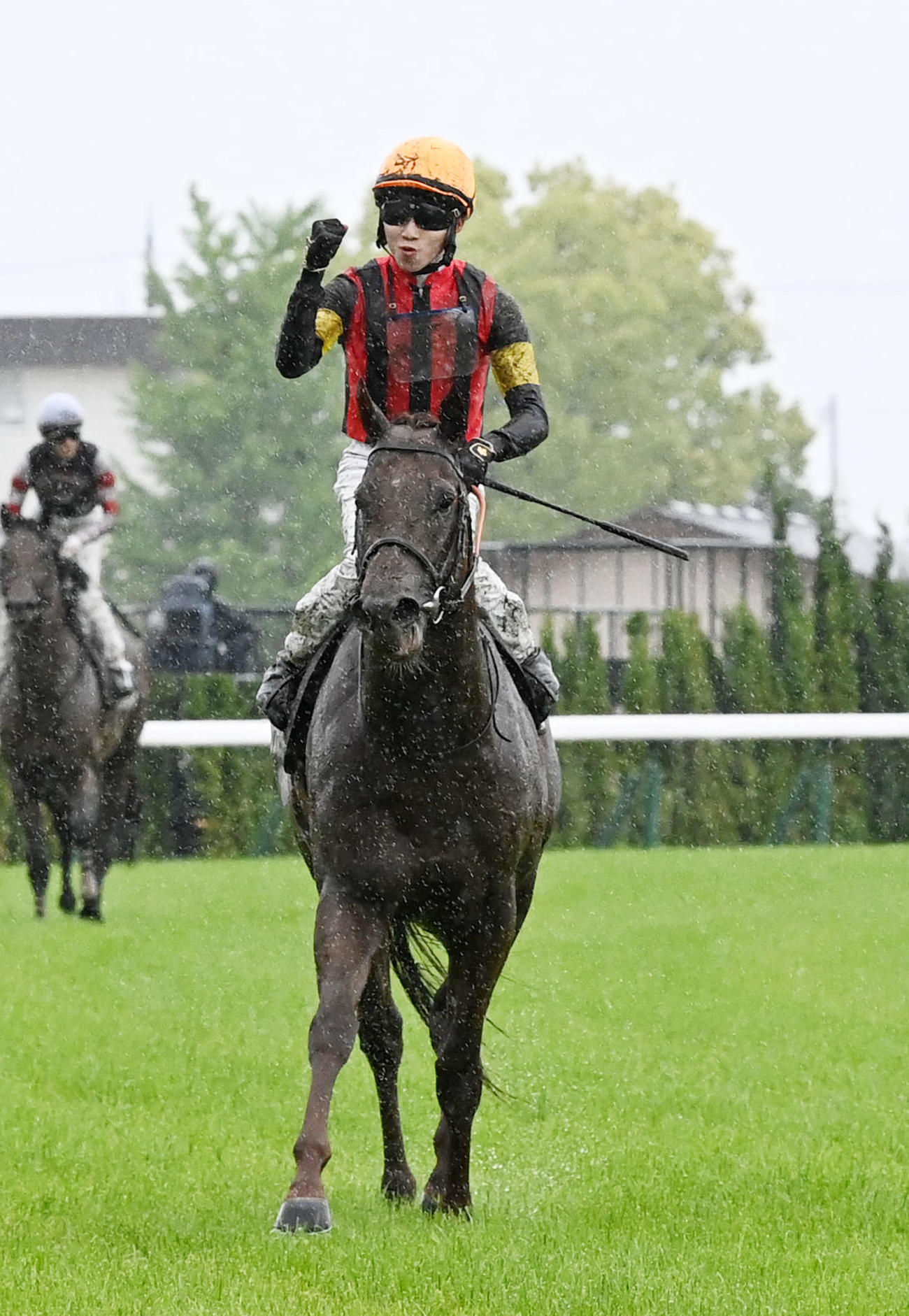 鞍馬Sを制したエイシンスポッター。あん上の角田大河騎手はガッツポーズ（撮影・前岡正明）