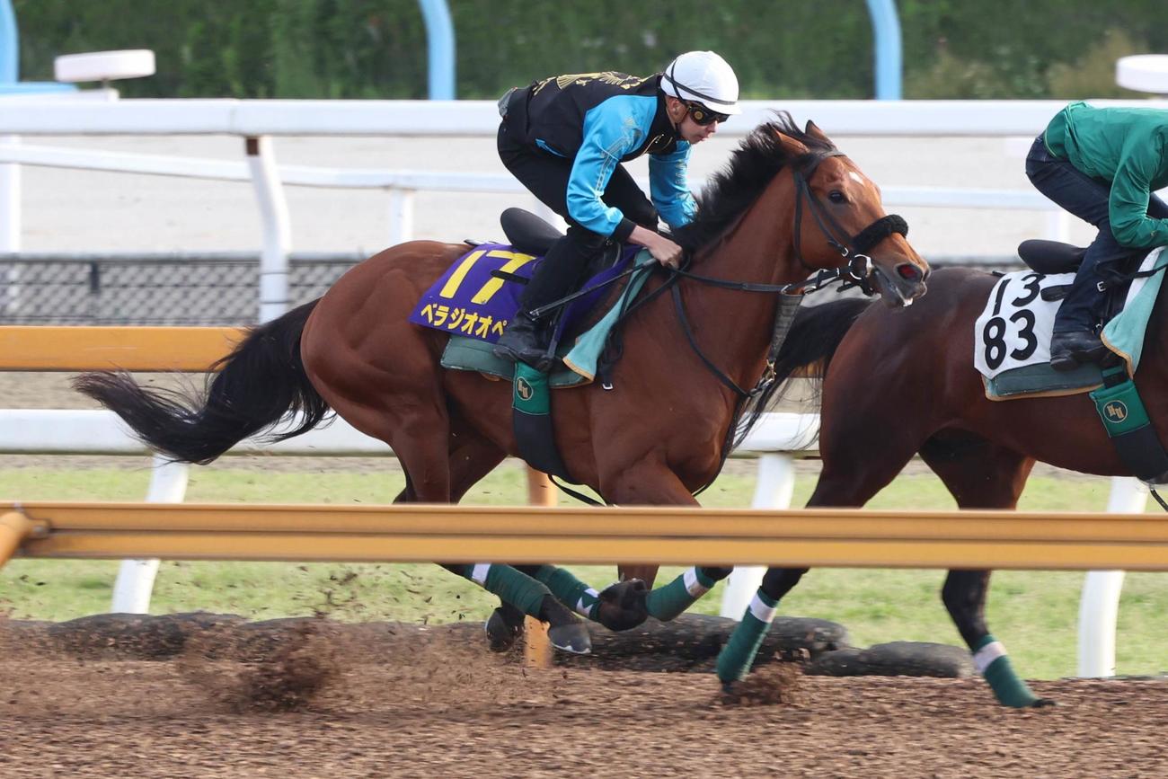 横山和騎手が騎乗し、Cウッドを併せ馬で速い時計を出すベラジオオペラ（左）
