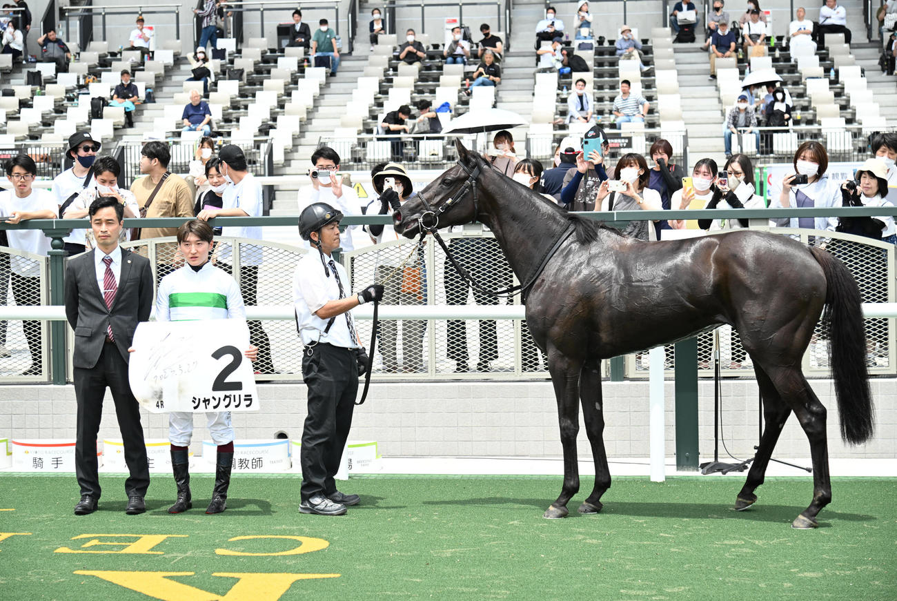 京都4Rを勝ったシャングリラと口取りに並ぶ、左から杉山晴紀調教師、鮫島克駿騎手