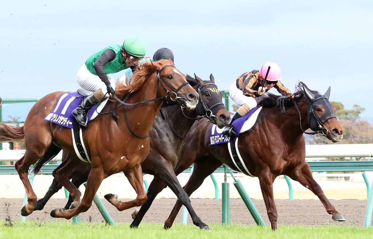 20年高松宮記念を制したモズスーパーフレア（右）。1位入線のクリノガウディー（左）は4着降着