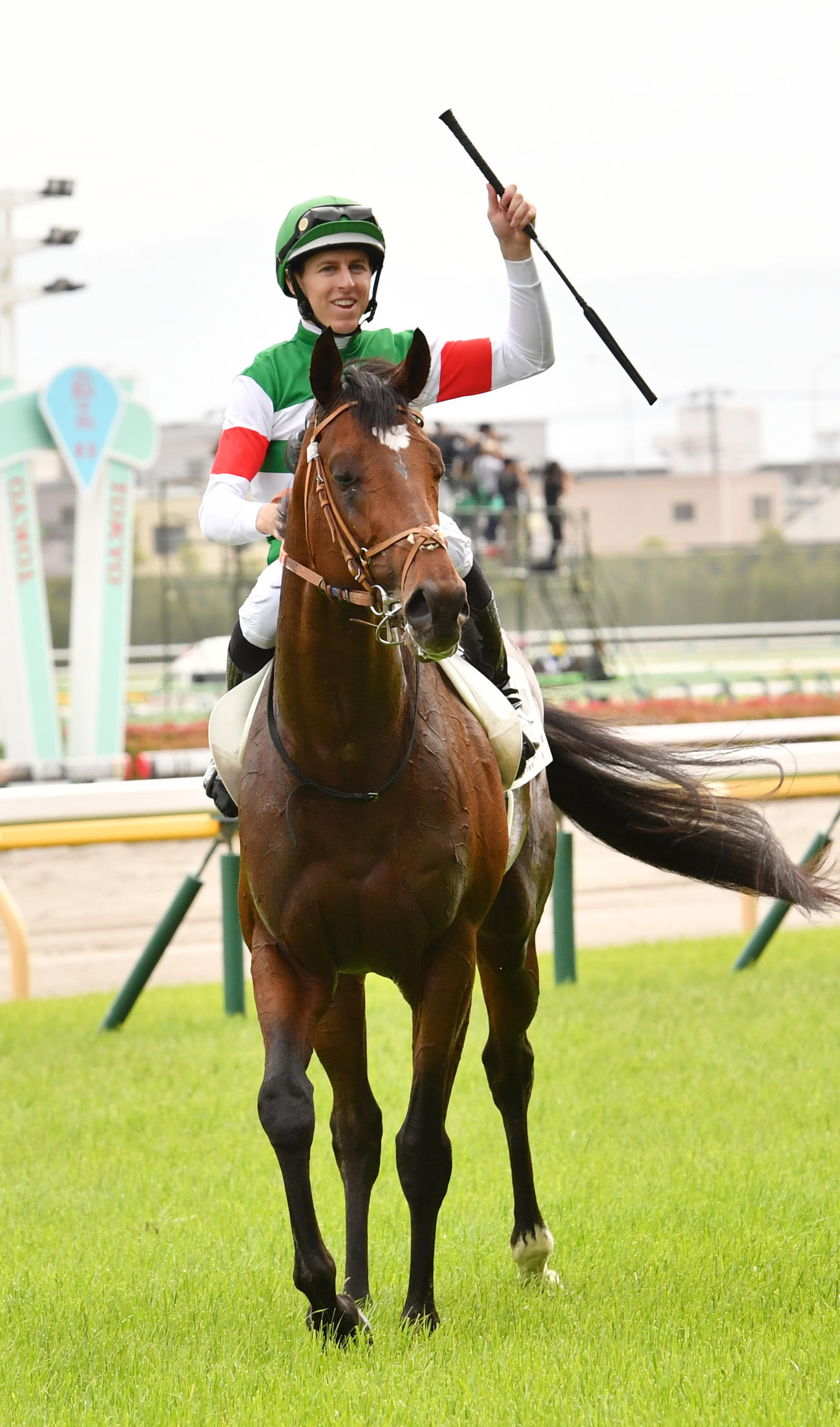 ダービーを制したタスティエーラのレーン騎手はガッツポーズする（撮影・柴田隆二）