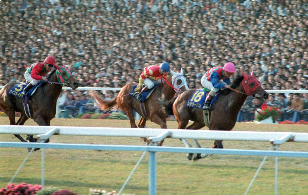 1991年11月、菊花賞を制したレオダーバン（岡部幸雄騎手）。中央は2着のイブキマイカグラ、左は4着のナイスネイチャ