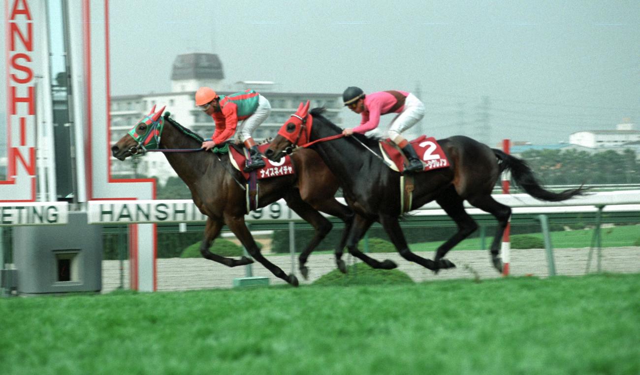 1991年12月8日、第44回鳴尾記念を制したナイスネイチャ（松永昌博騎手）