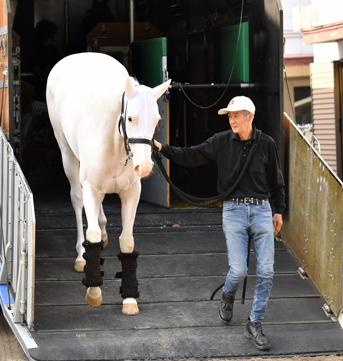 東京競馬場に到着したソダシと今浪厩務員（撮影・柴田隆二）