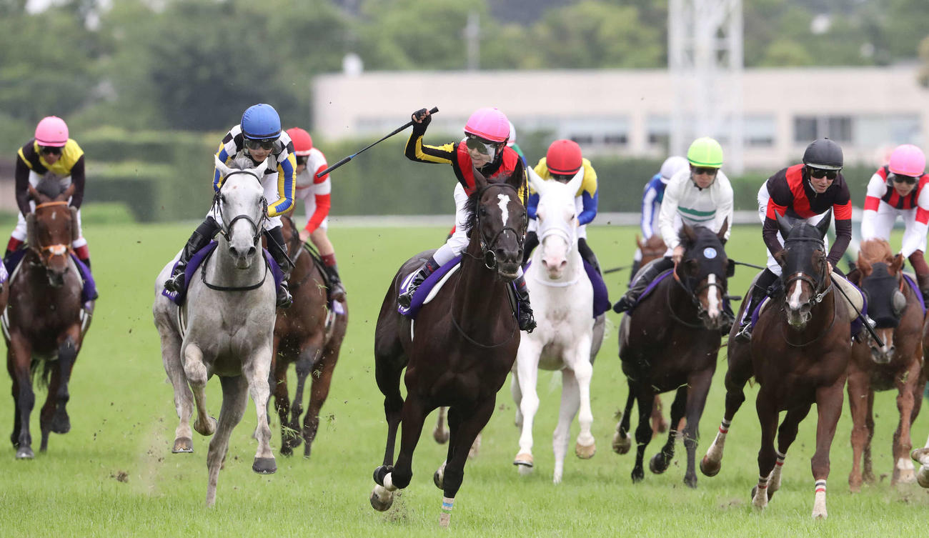 ソングライン（中央）で安田記念を連覇し、ガッツポーズを決める戸崎騎手（撮影・丹羽敏通）