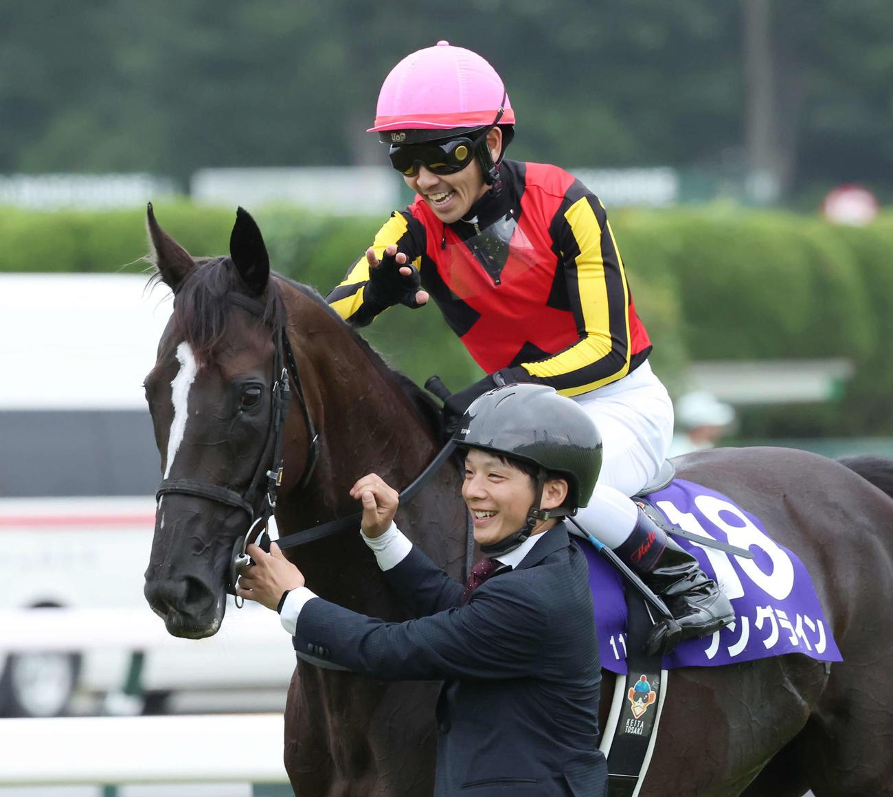 安田記念を制してたソングラインをねぎらう戸崎騎手（撮影・丹羽敏通）