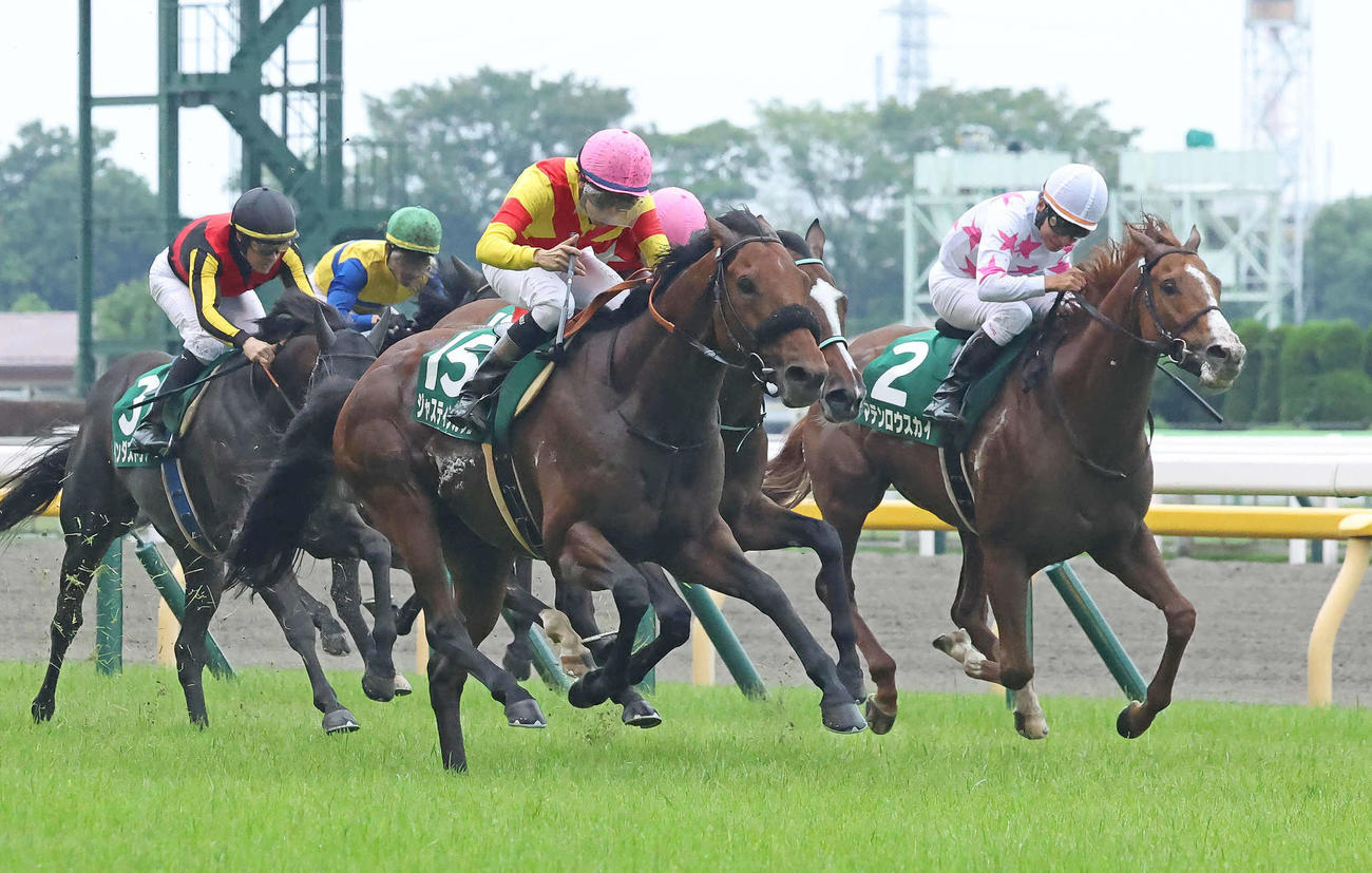 差し切ってエプソムCを制したジャスティンカフェと横山和騎手（中央）（撮影・丹羽敏通）