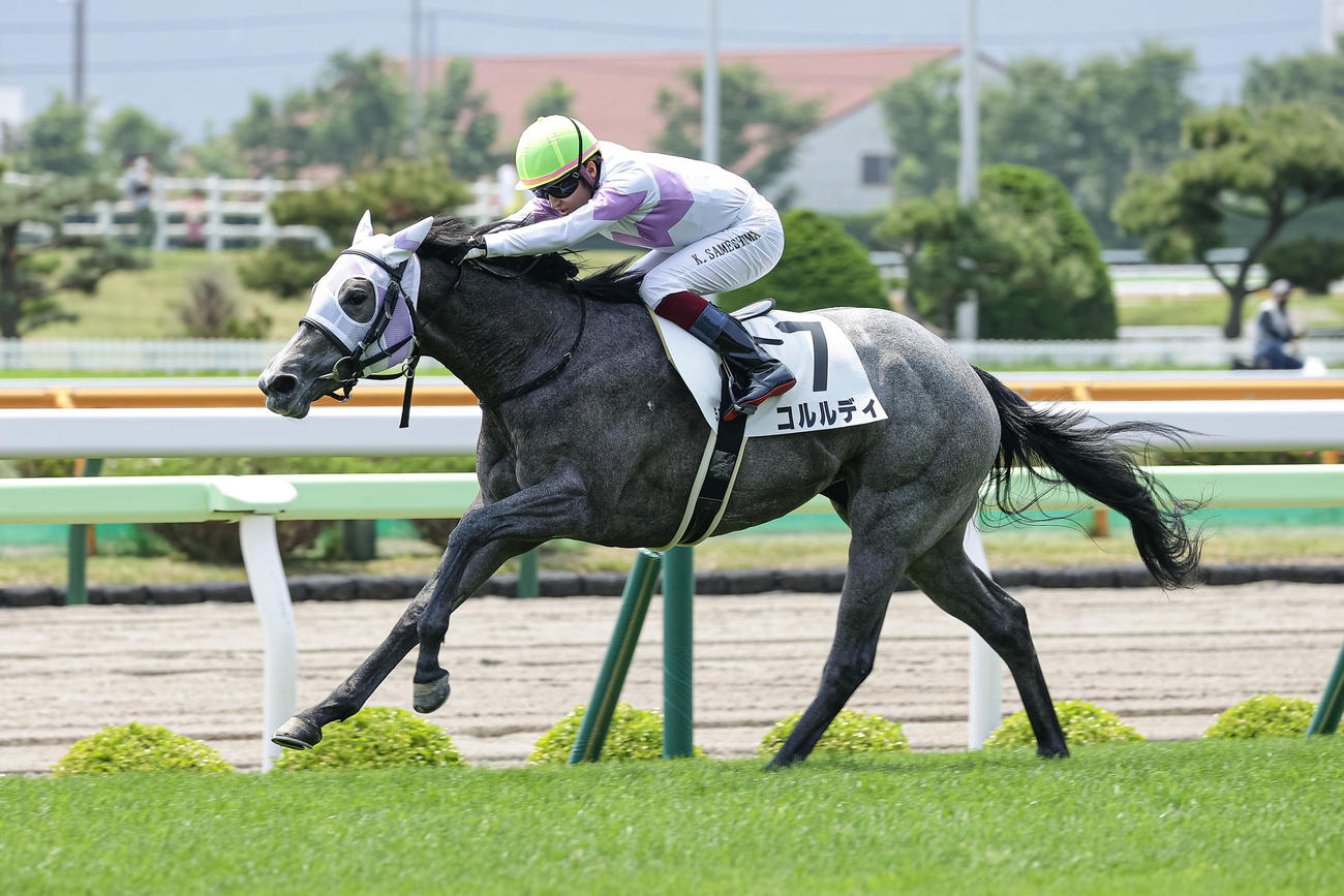 デビュー戦を制したコルルディと鮫島駿騎手（撮影・村野早祐）