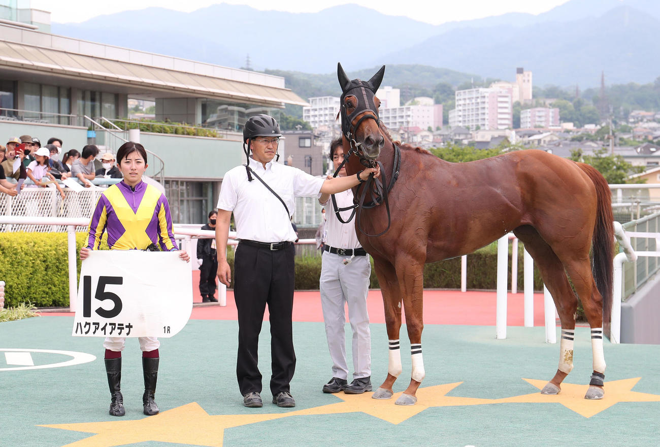 阪神1R、ハクアイアテナで復帰後初勝利を挙げ口取りに並ぶ今村聖奈騎手（左）（撮影・白石智彦）