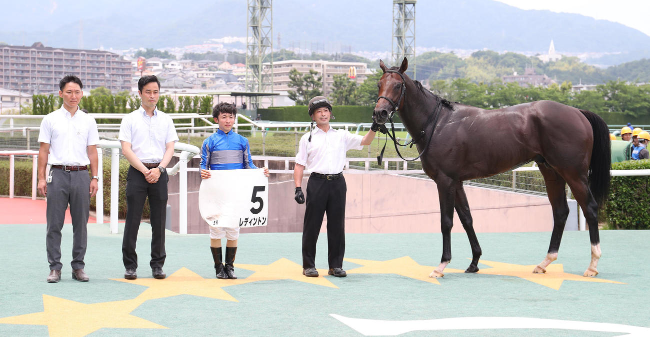 新馬戦を快勝したレディントンと口取りに並ぶ松若騎手（右から2人目）（撮影・白石智彦）