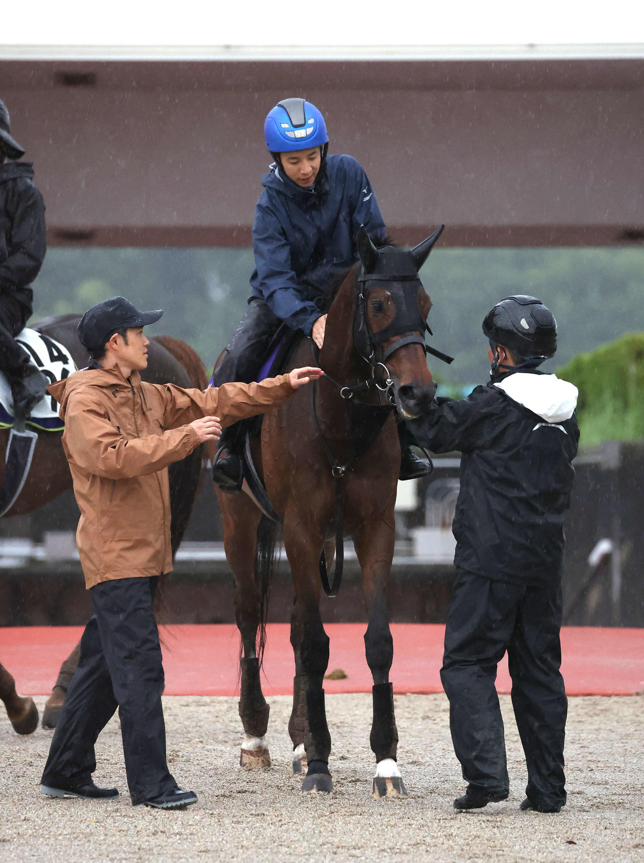 団野騎手を背に調教から引き揚げるジェラルディーナ。左は斉藤崇師（撮影・白石智彦）