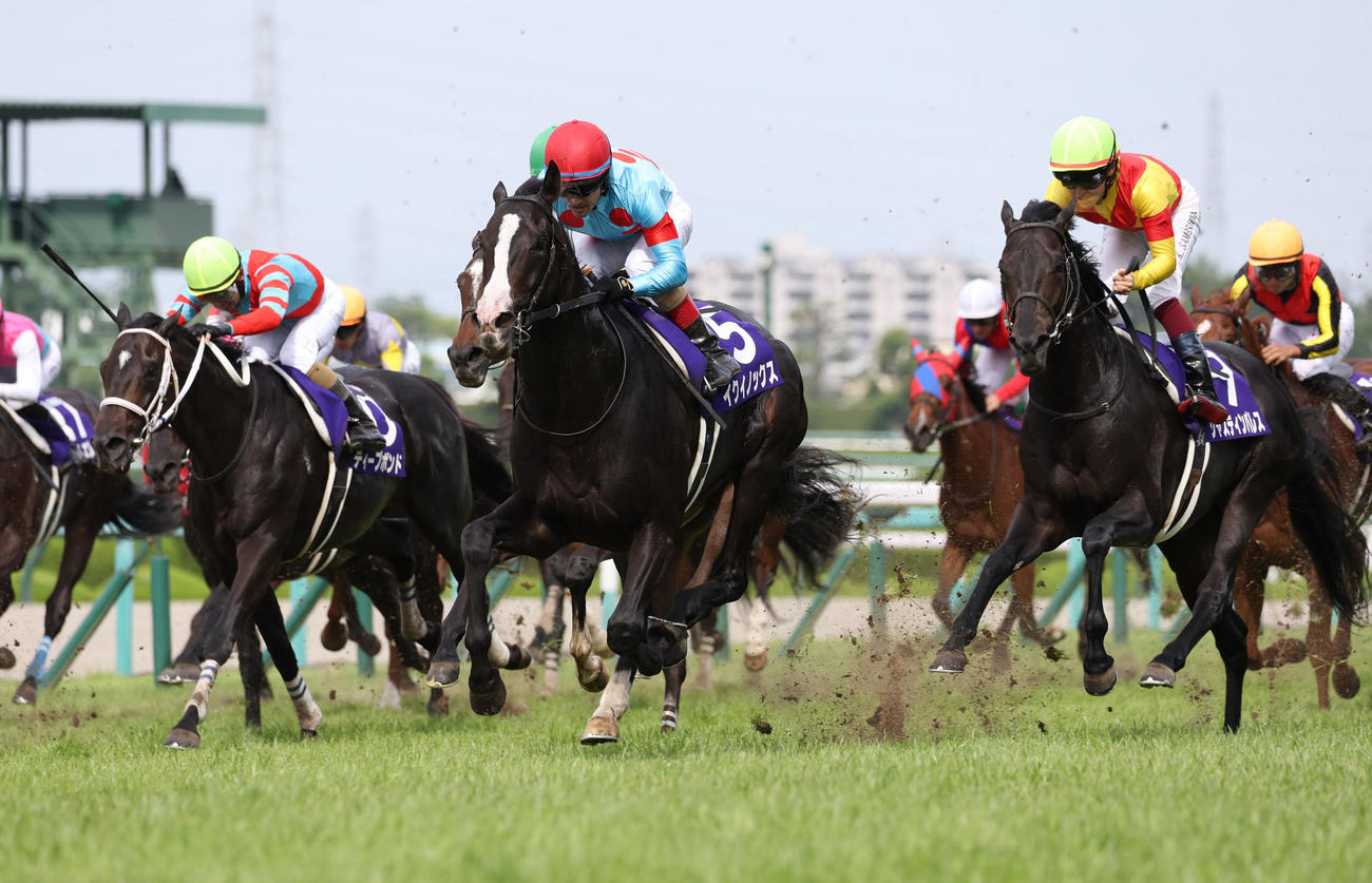 直線大外から力強く伸びて宝塚記念を制したイクイノックス（中央）（撮影・白石智彦）