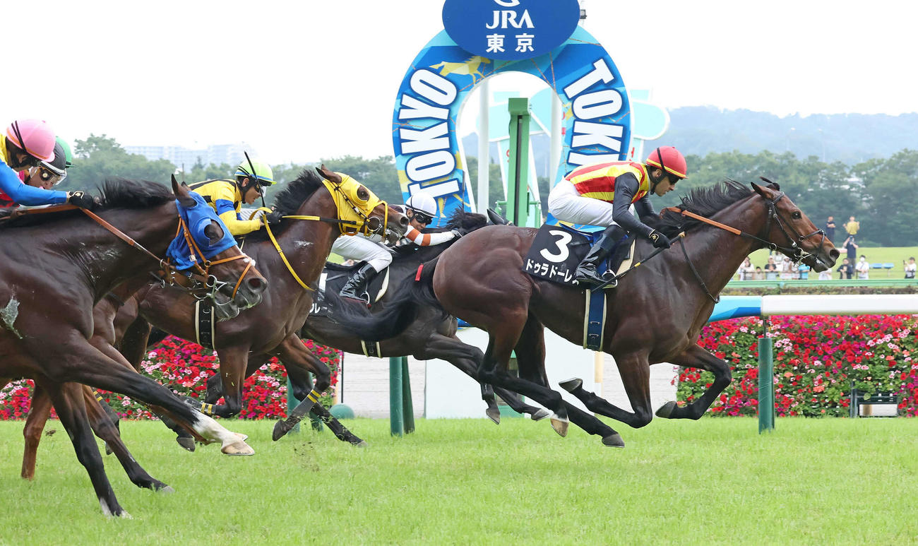 東京11R、直線力強く伸びて江の島Sを制したドゥラドーレスとルメール騎手（撮影・丹羽敏通）