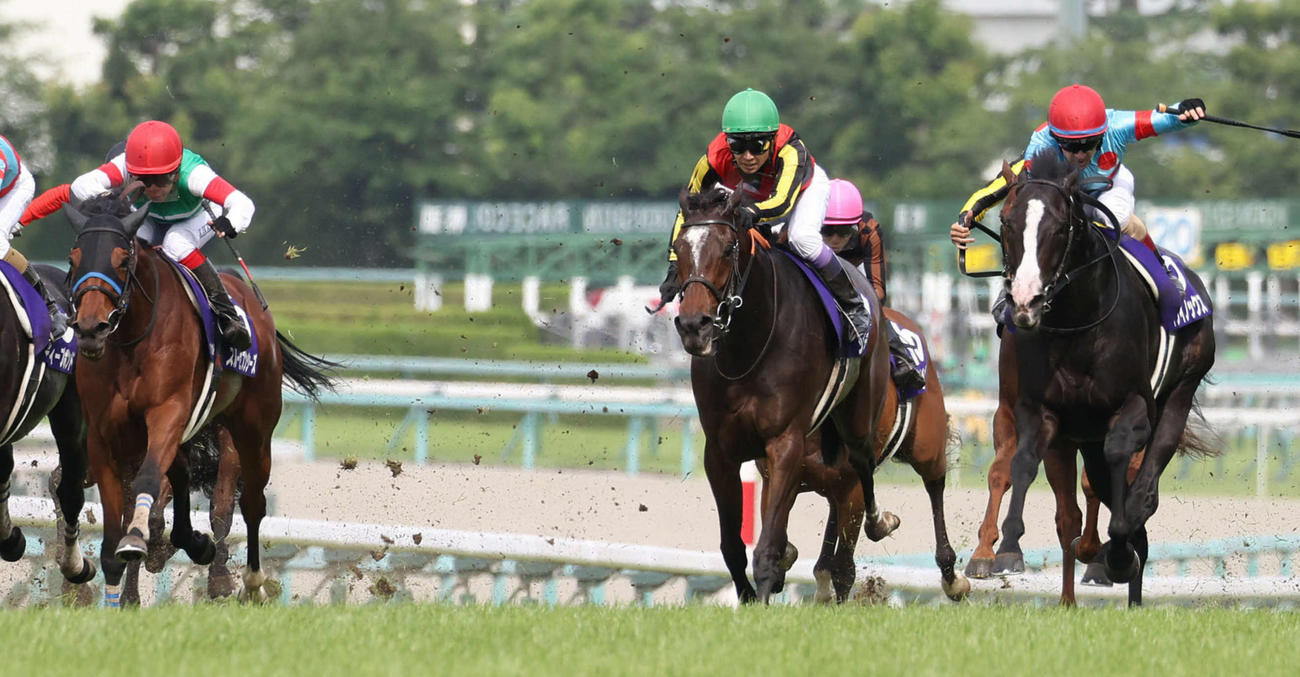宝塚記念2着のスルーセブンシーズ（左端）。右は勝ったイクイノックス（2023年6月25日撮影）