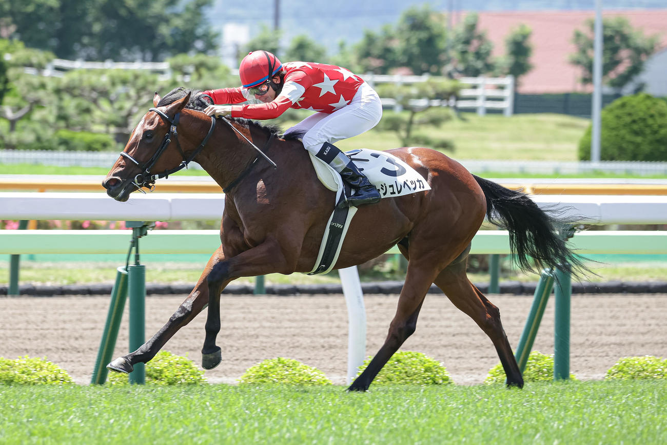 函館5R、デビュー戦を制したルージュレベッカと横山和騎手（撮影・村野早祐）
