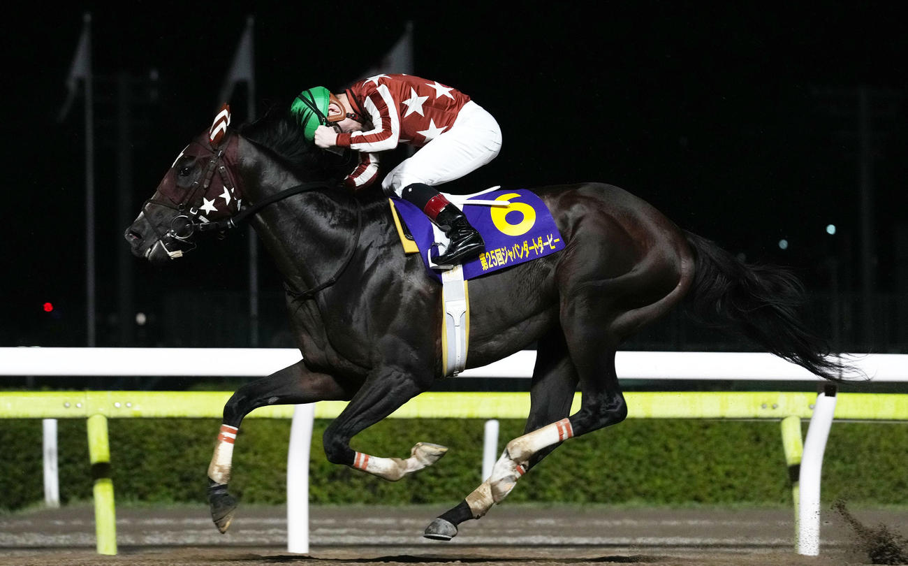 大井11R、ミックファイアでジャパンダートダービーを制しガッツポーズする御神本騎手（撮影・横山健太）