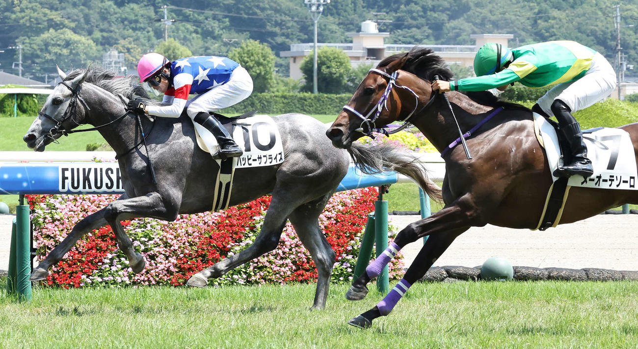 福島6R、デビュー戦を制したハッピーサプライズ（左）と、2着メーオーテソーロ（右）（撮影・丹羽敏通）