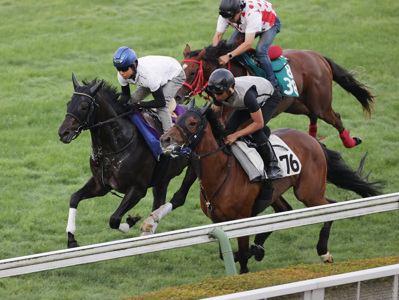 函館芝コースで、併せ馬で追い切られるシャフリヤール（左端）