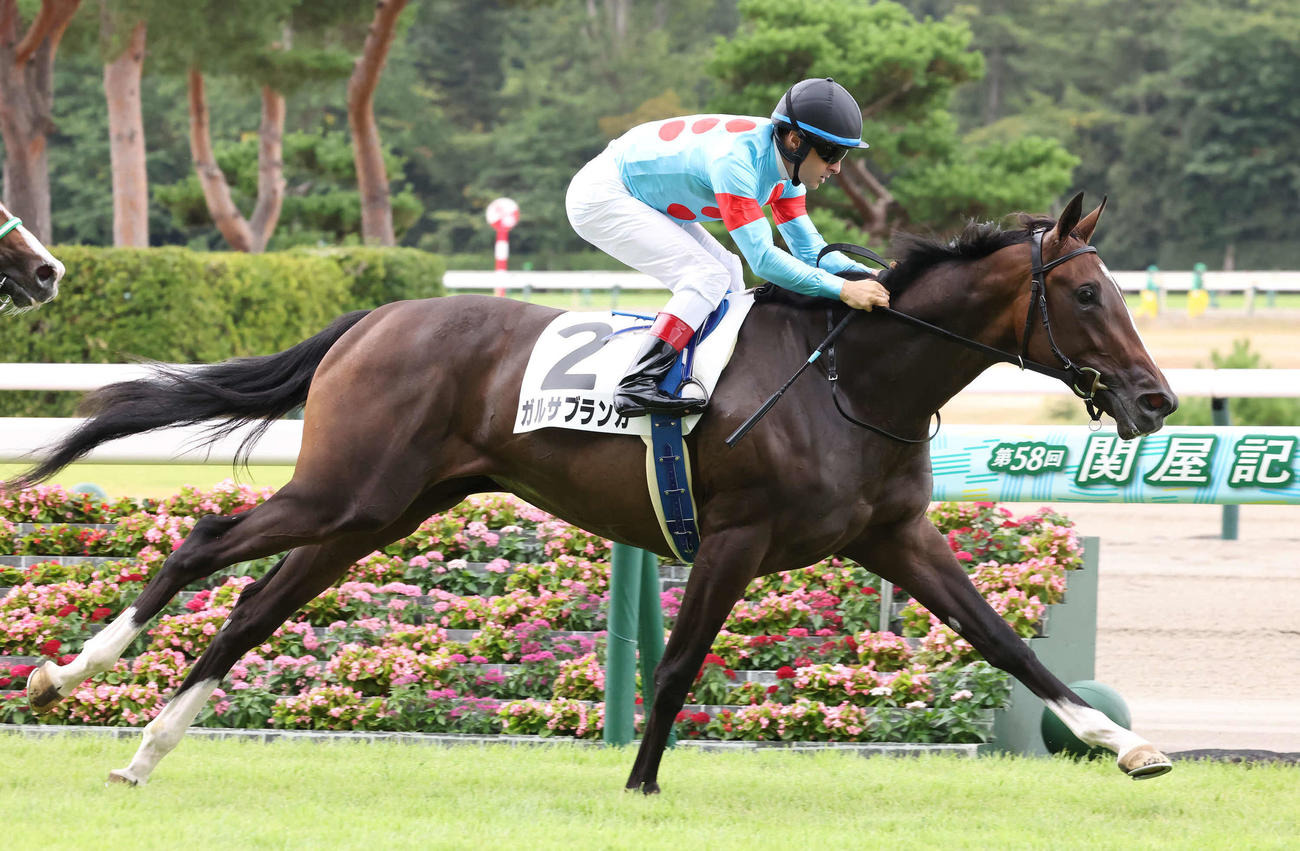 新潟5R、2歳新馬戦を制したガルサブランカとルメール騎手（撮影・丹羽敏通）