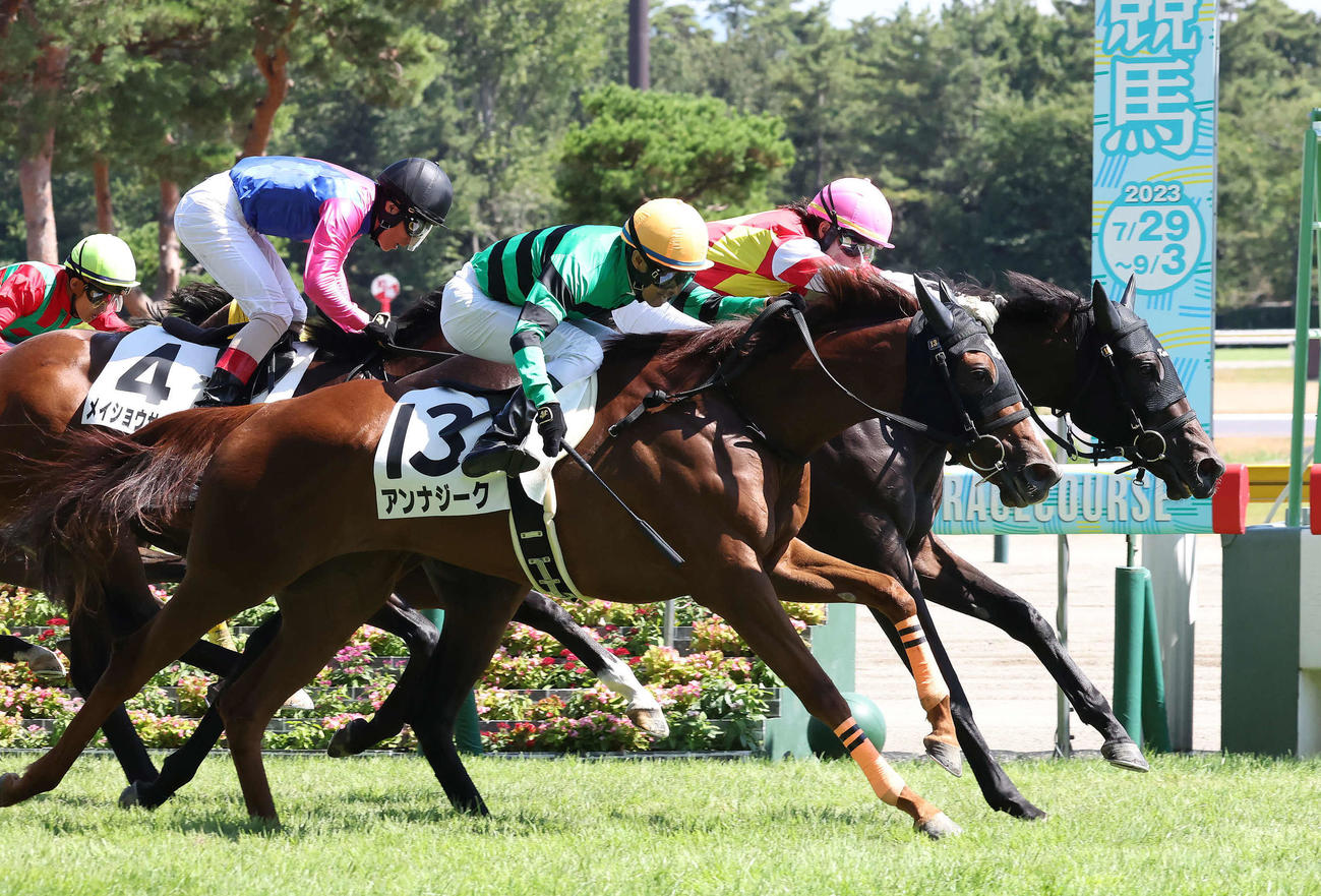 新潟7R、3歳未勝利戦を制したガールズレジェンドと藤田騎手（奥）（撮影・丹羽敏通）