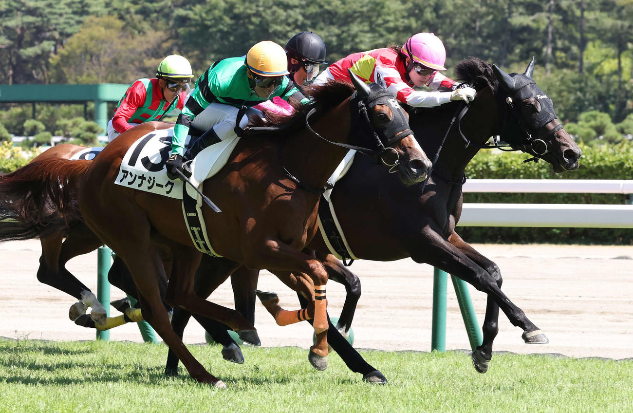 新潟7R、3歳未勝利戦を制したガールズレジェンドと藤田騎手（奥）（撮影・丹羽敏通）