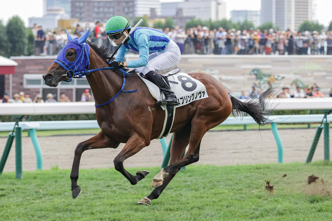 札幌5R、デビュー戦を制したスプリングノヴァと亀田騎手（撮影・村野早祐）