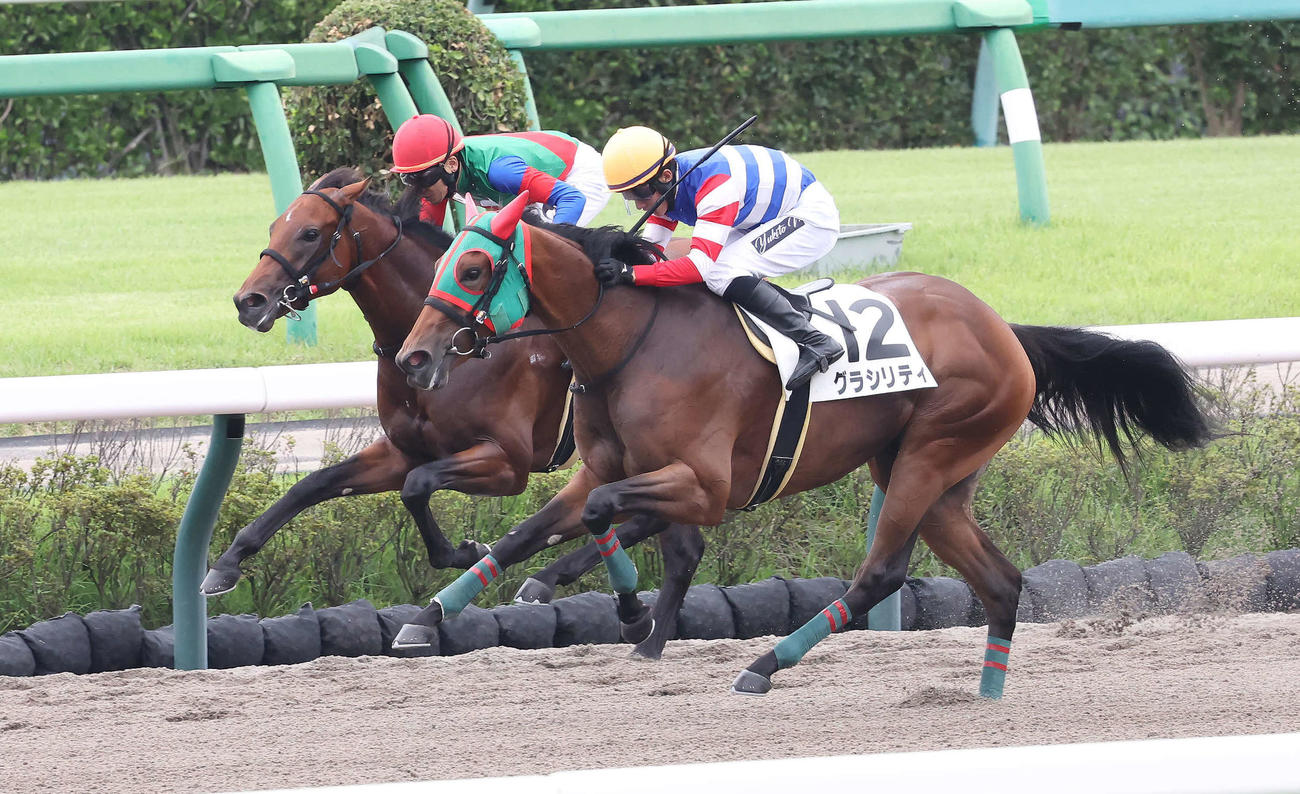 中山4R新馬戦を制したグラシリティと石川騎手（手前）（撮影・丹羽敏通）
